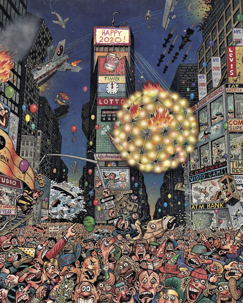 Illustration de Tom Bunk représentant Times Square bondé, grotesque et chaotique pour le passage à l’année 2020, avec des milliers de visages déformés, des enseignes saturées, et une boule lumineuse géométrique descendant sur la foule.