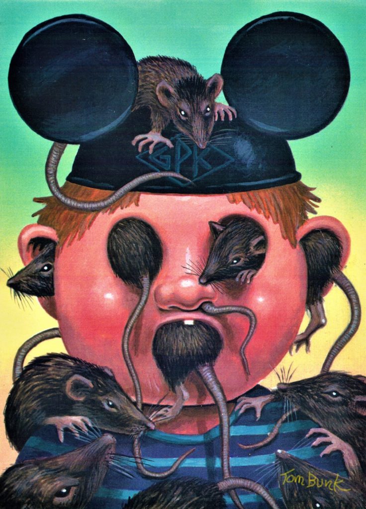 Illustration grotesque d’un enfant portant une casquette Mickey attaqué par des rats, par Tom Bunk.