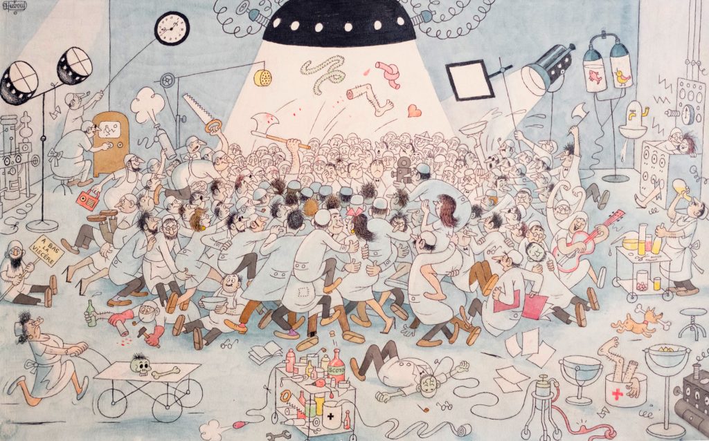 Illustration humoristique et surchargée d’Albert Dubout, peuplée de personnages hystériques dans un décor de laboratoire absurde, héritage direct de la tradition visuelle comique que Tom Bunk perpétue.