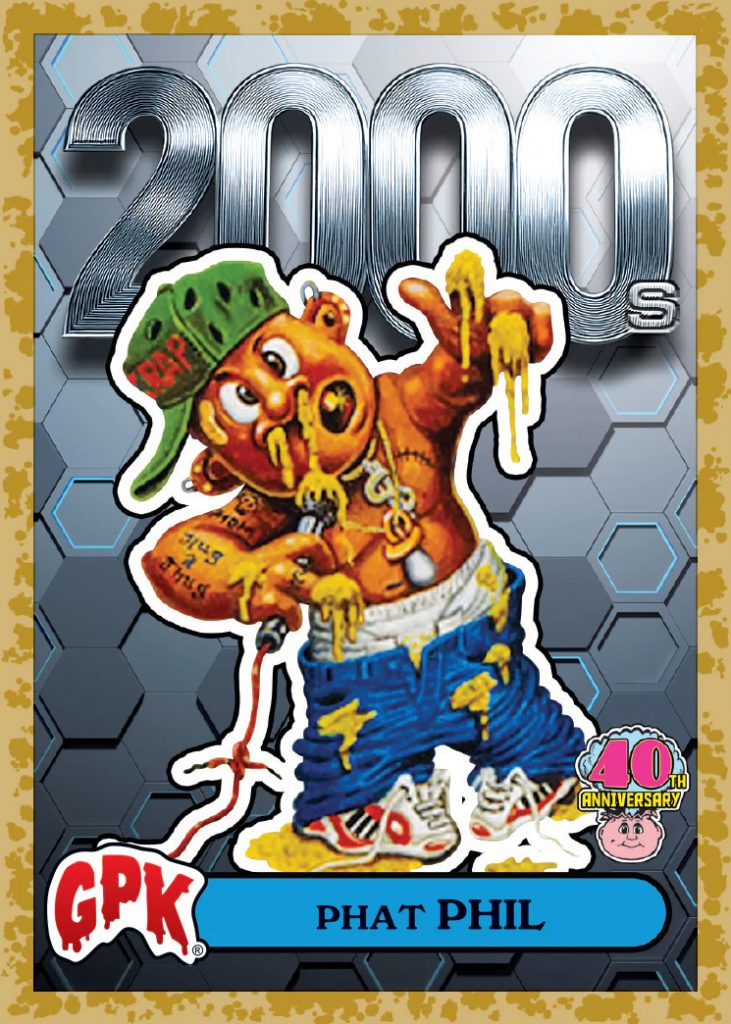Carte “Adam Bomb” revisitée pour les 40 ans des Garbage Pail Kids, montrant une explosion sur la tête du personnage emblématique dans une version colorée et nostalgique.