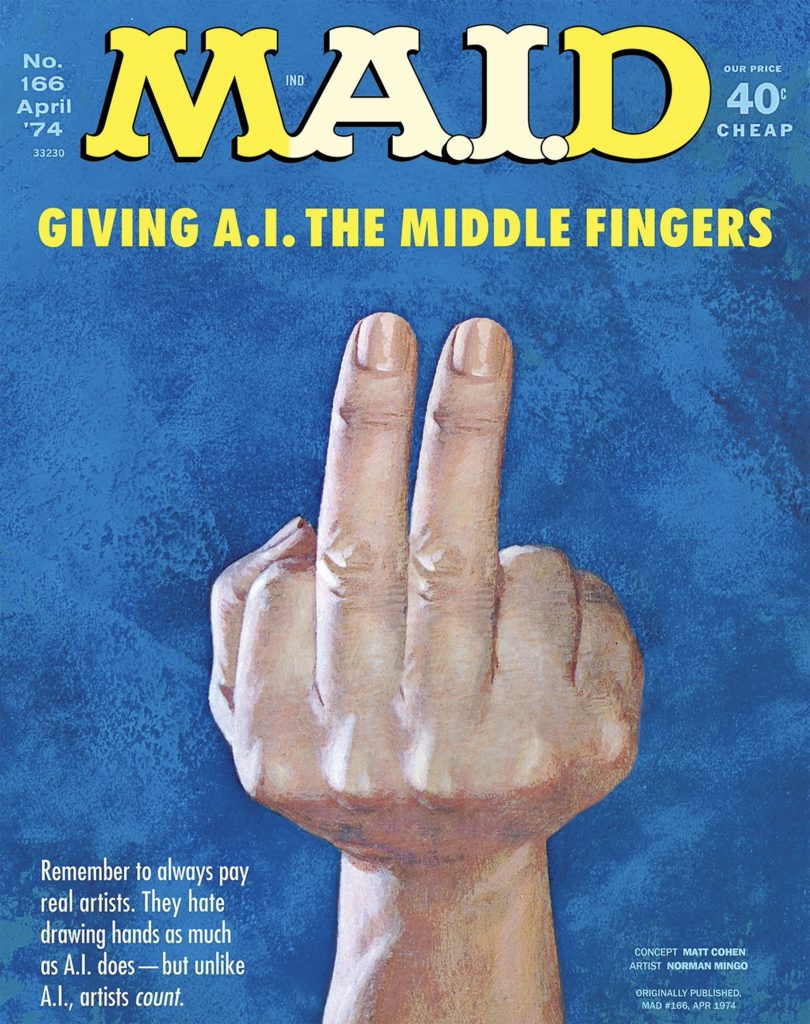 Couverture fictive d'un magazine MAD parodiant l'intelligence artificielle, avec une main montrant deux majeurs levés et le titre 'Giving A.I. the middle fingers'
