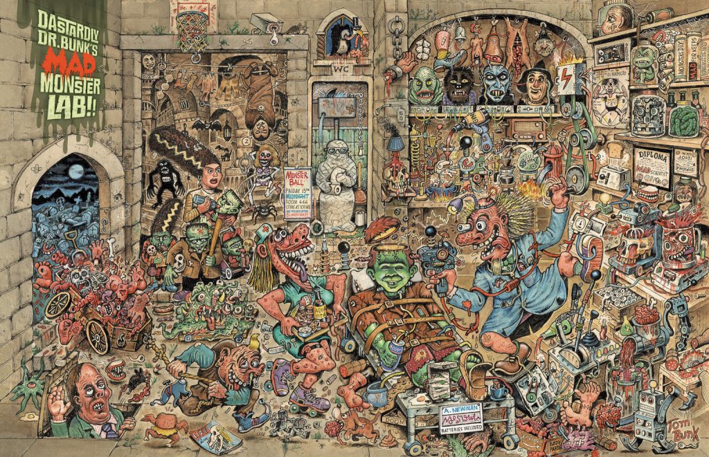 Dessin détaillé de Tom Bunk pour MAD Magazine, représentant un laboratoire de savant fou rempli de créatures monstrueuses, de machines absurdes et de détails loufoques. Une scène délirante au croisement de la science-fiction trash, de la culture pop et de la satire graphique.