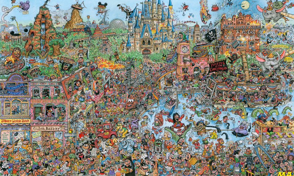 Illustration satirique de Tom Bunk parue dans MAD Magazine, détournant l’univers de Walt Disney World en une fresque absurde et surchargée de détails loufoques, de personnages parodiques et de critiques sociales. Une vision délirante de la société du divertissement, entre consumérisme débridé et dystopie familiale.
