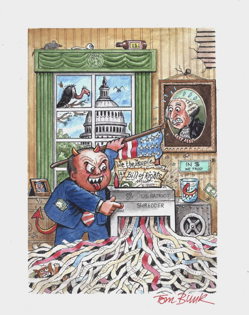 Caricature politique d’un démon détruisant la Constitution dans un bureau décoré aux couleurs américaines, par Tom Bunk.