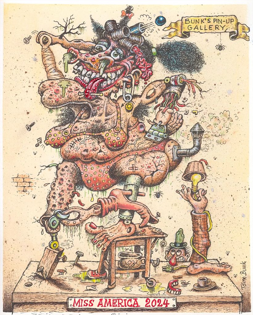 Illustration parodique de Tom Bunk intitulée Miss America 2024, montrant une femme monstrueuse composée d’organes, de tuyaux, de poils et de prothèses absurdes, dans une composition dérangeante et hyperdétaillée.