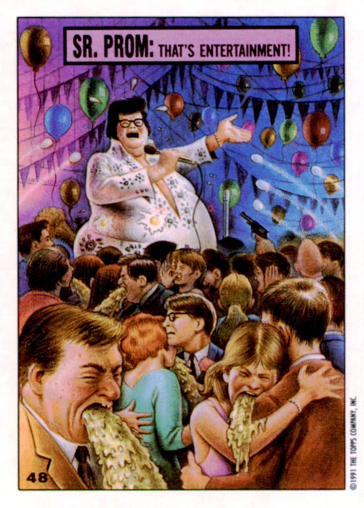 Illustration satirique de Tom Bunk intitulée "Sr. Prom: That's Entertainment!", représentant un bal de promo grotesque où les adolescents vomissent dans la foule face à un maître de cérémonie obèse sur scène. L’image mêle humour noir et absurde pour livrer une critique sociale acerbe du divertissement de masse et du conformisme.