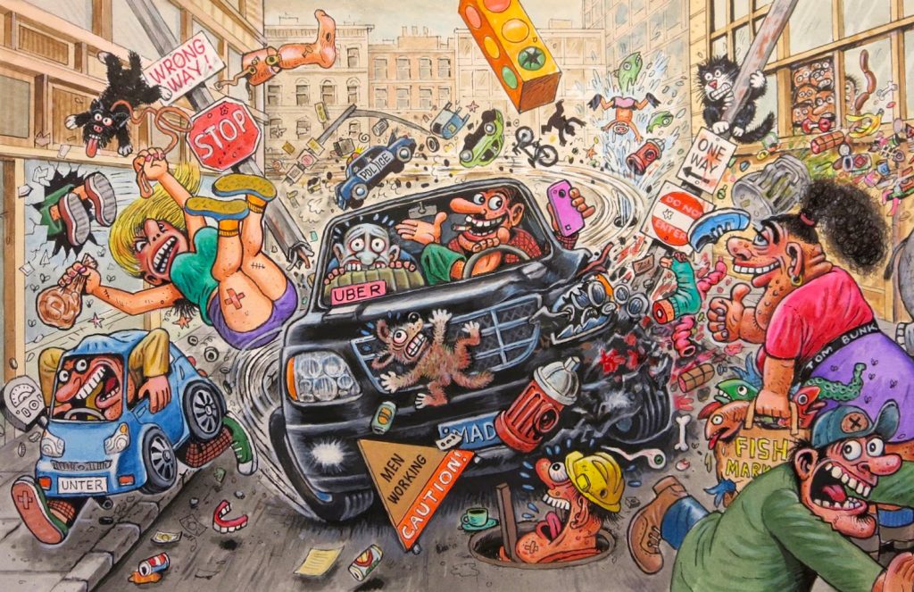 Illustration colorée et chaotique de Tom Bunk représentant une scène de collision urbaine absurde entre Uber et Unter, remplie de personnages déformés, de détails grotesques et d’humour noir.