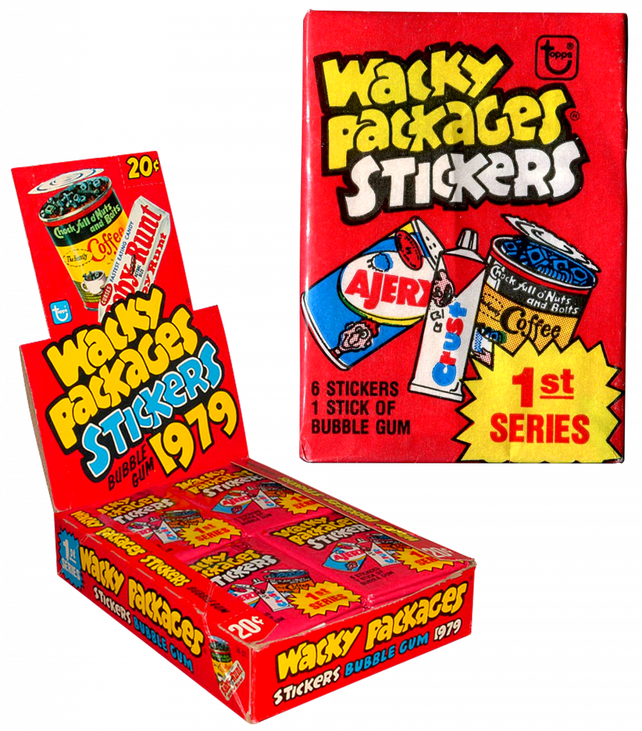 Boîte de stickers Wacky Packages de 1979. Une série humoristique produite par Topps, parodiant des marques connues, avec un design flashy rouge et des visuels de fausses publicités.