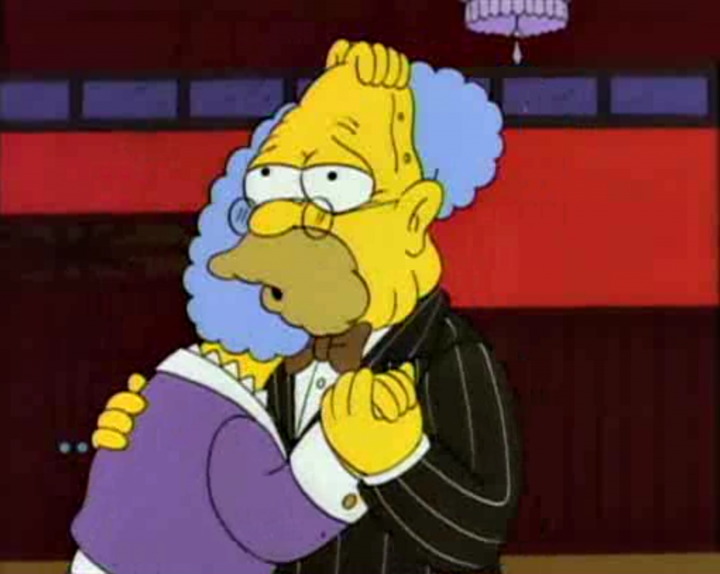 Gros plan sur Abe Simpson, tenant Jacqueline en dansant, les yeux humides et la mémoire vacillante.