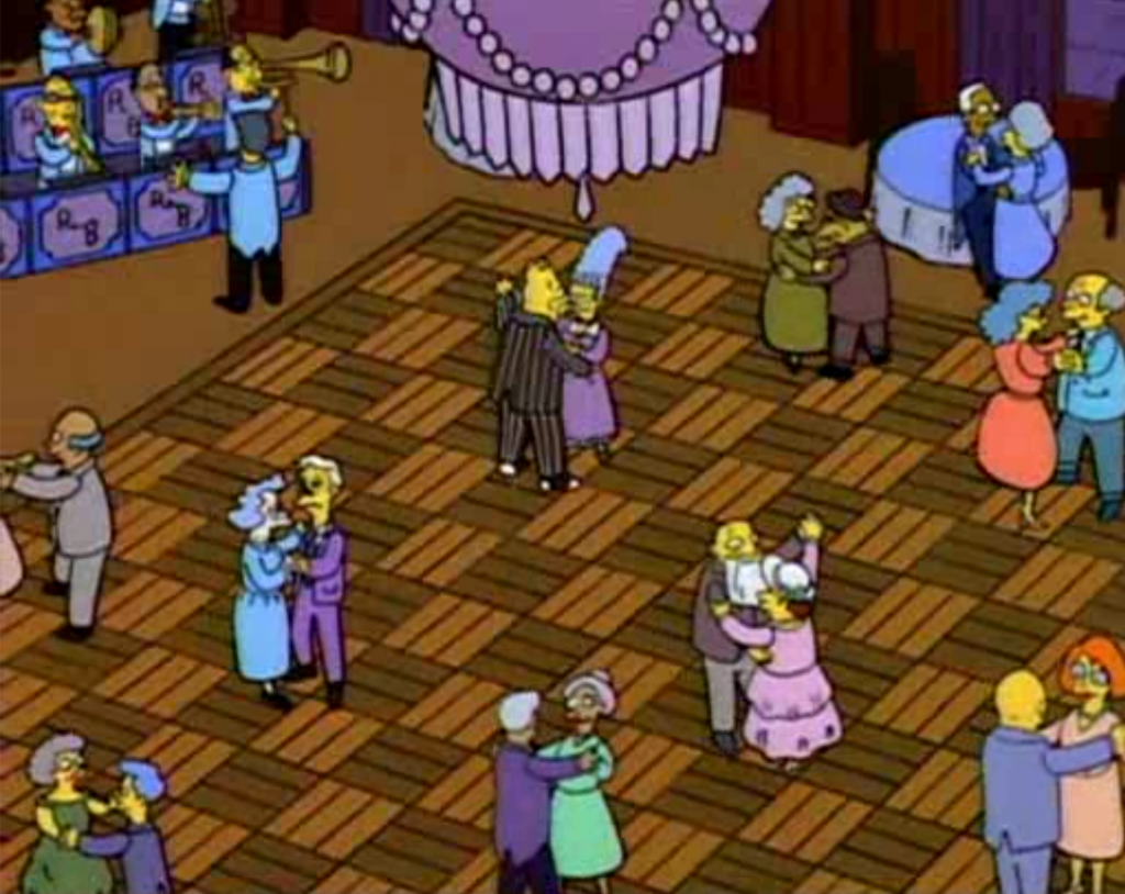 Vue d'ensemble d'une salle de bal dans Les Simpsons, où des personnes âgées dansent sur un air nostalgique.