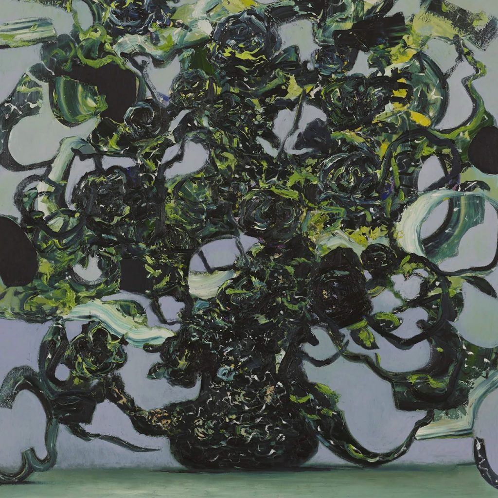 Couverture de l’album Stage III de The Caretaker par Ivan Seal : peinture d’un bouquet noir-vert abstrait, évoquant la confusion mentale progressive liée à la démence.