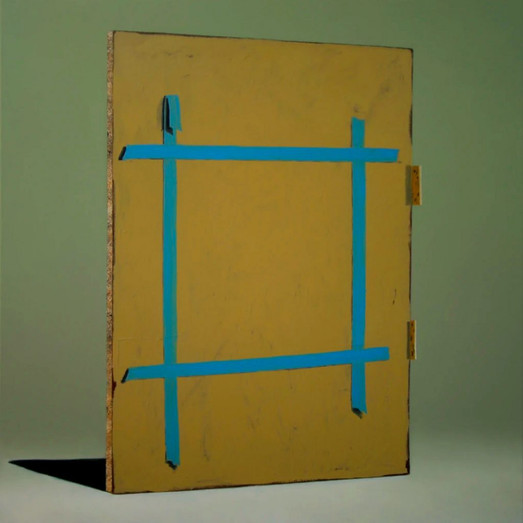 Couverture de Stage VI de The Caretaker : une peinture minimaliste d’Ivan Seal représentant une planche jaune barrée de ruban adhésif bleu, symbole de l’oubli total.