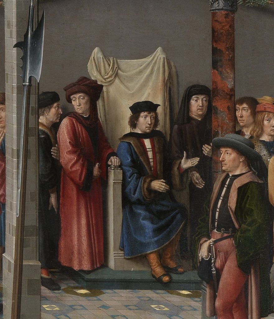 Détail du Jugement de Cambyse (Gérard David, 1498) : Otanès, fils de Sisamnes, assis comme juge sur un siège recouvert de la peau tannée de son père.