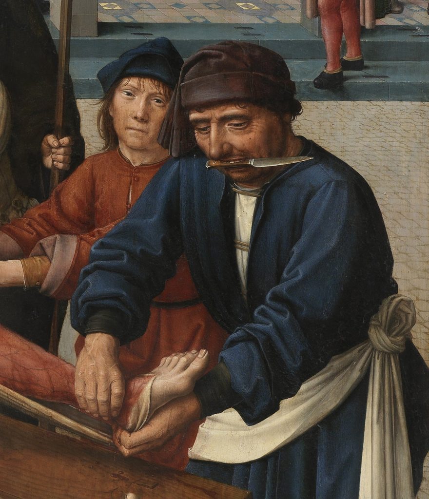 Détail du panneau droit du Jugement de Cambyse (Gérard David, 1498) : bourreau tenant le pied de Sisamnes et tirant la peau de la jambe durant le supplice.