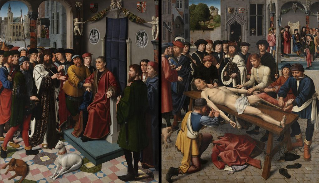 Diptyque Le Jugement de Cambyse (Gérard David, 1498) : à gauche, Cambyse rend la sentence contre Sisamnes ; à droite, l’écorchement public du juge, entouré de notables et bourreaux.