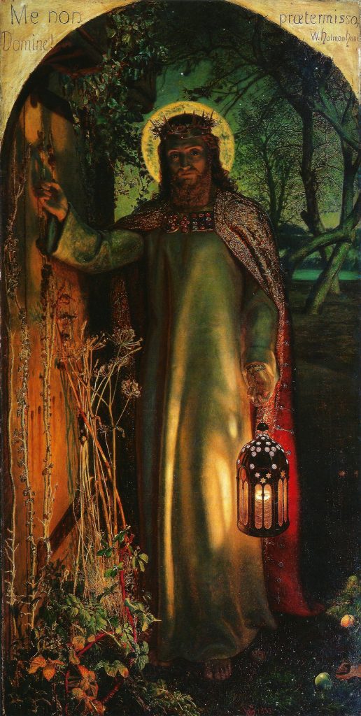 Version non encadrée de The Light of the World de William Holman Hunt montrant le Christ avec une lanterne devant une porte fermée envahie par les ronces