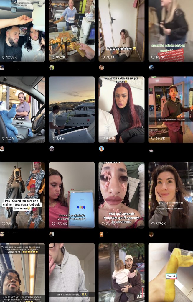 Grille de vidéos sur un réseau social montrant un feed saturé de contenus courts et fragmentés