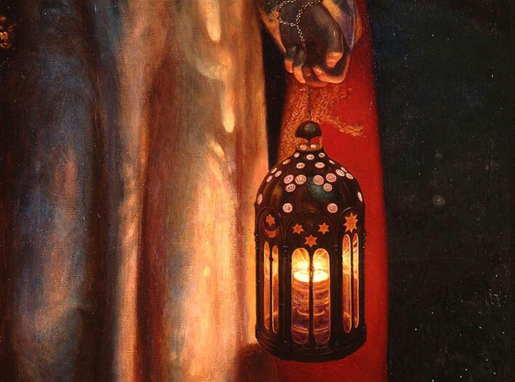 Détail de la lanterne dans The Light of the World de William Holman Hunt, suspendue à la main du Christ devant une porte fermée