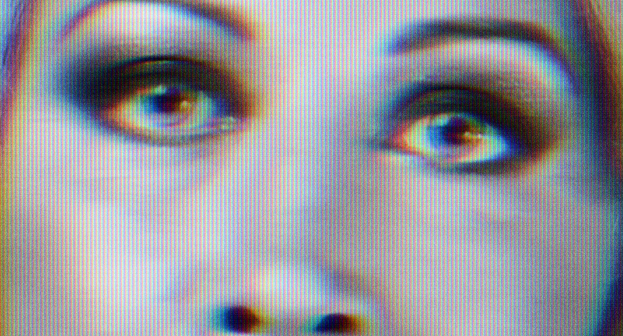 Visage féminin dégradé effet écran CRT symbolisant la déshumanisation médiatique et la télé-réalité