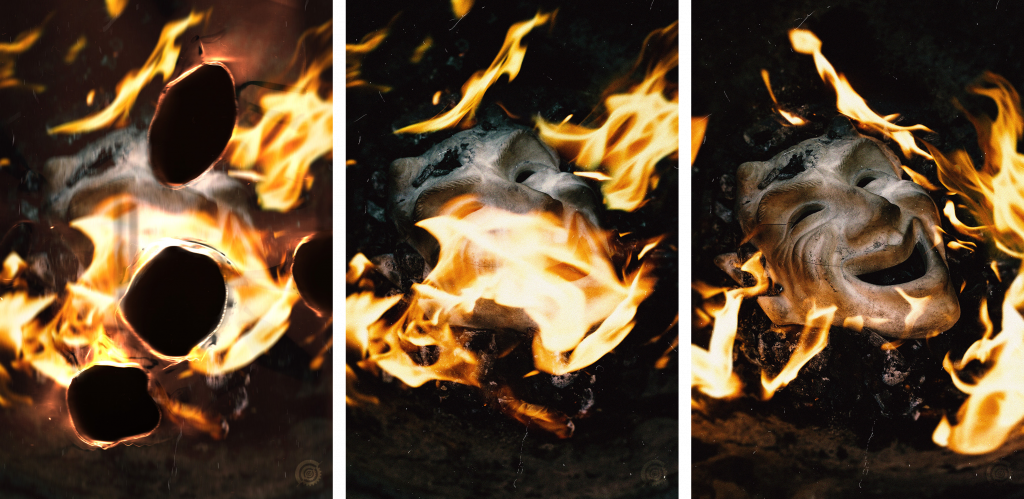 Photographie des faux-semblants : triptyque de masques blancs dans les flammes.