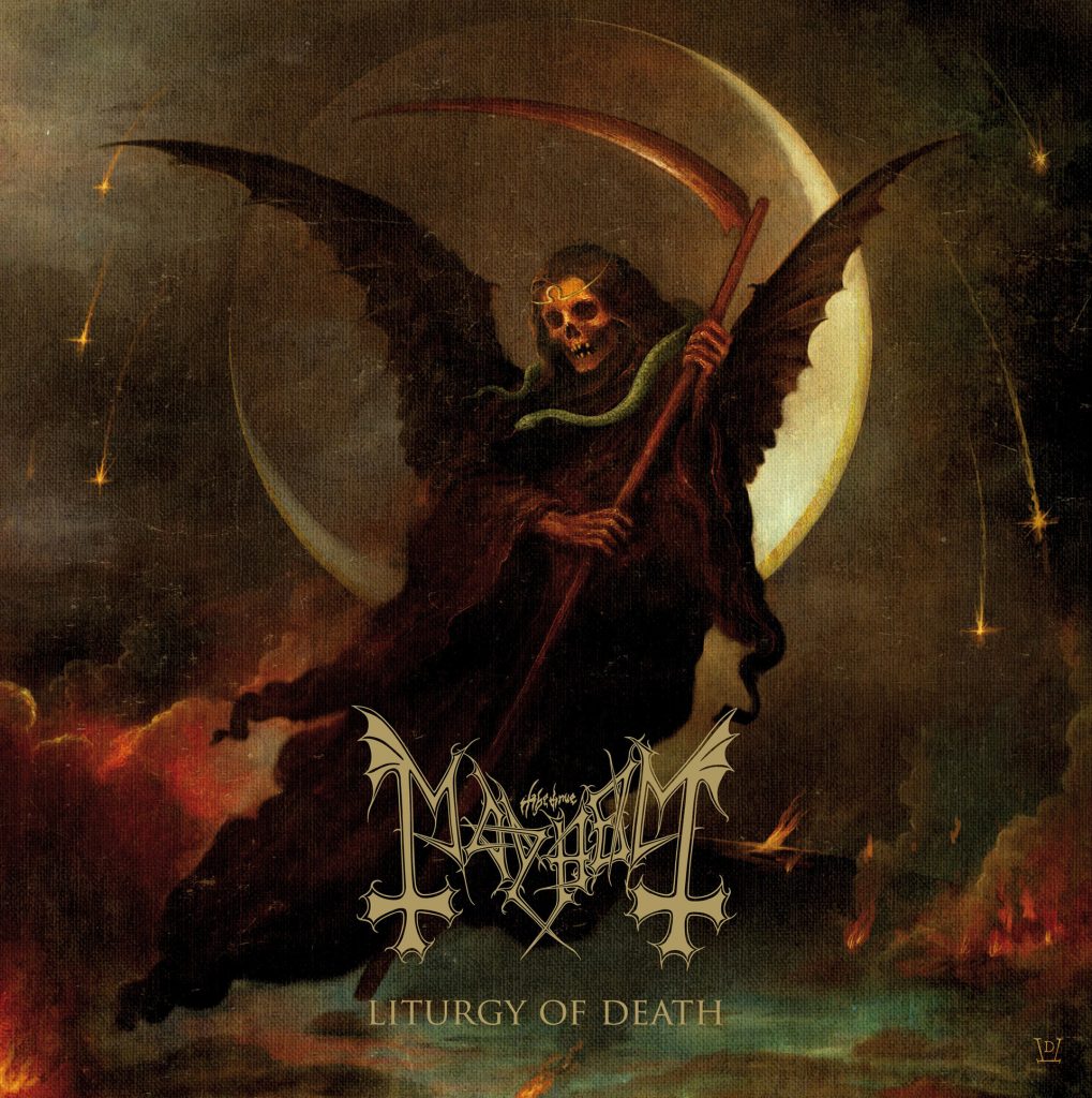 Pochette alternative du coffret deluxe limité de Liturgy of Death de Mayhem : une figure de la mort ailée brandissant une faux se détache devant un disque céleste, dans une composition sombre aux tons bruns, rouges et dorés.