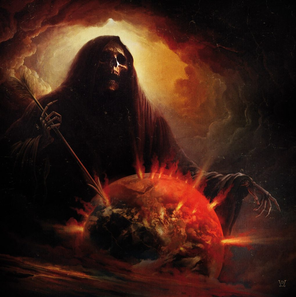 Illustration Finis Mundi de Liturgy of Death par Daniele Valeriani, représentant une figure de la mort encapuchonnée au visage squelettique au-dessus d’un monde en feu.