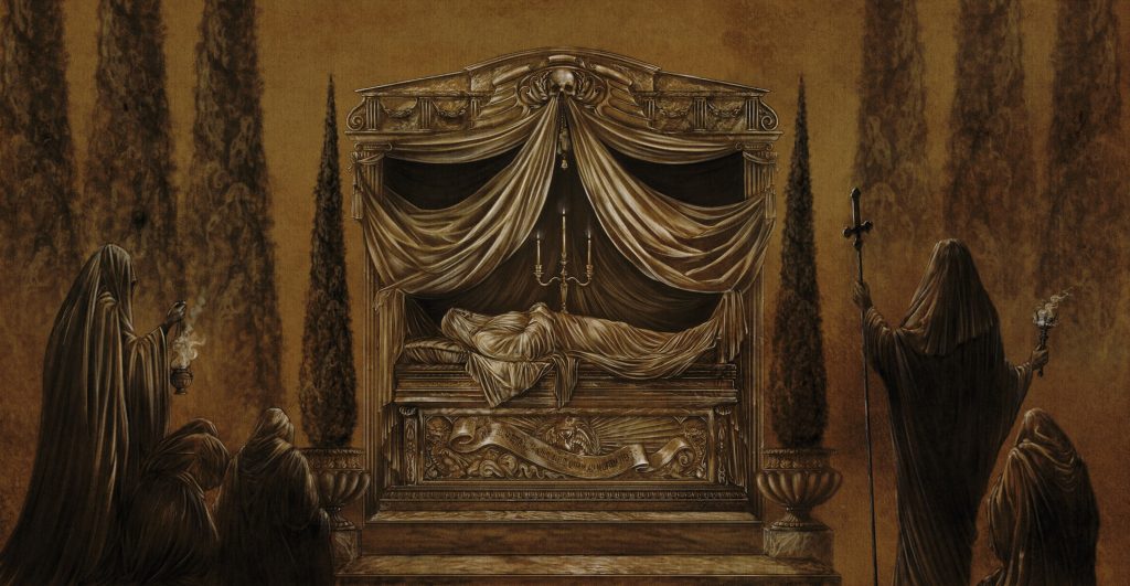 Illustration intérieure du vinyle de Liturgy of Death représentant un gisant allongé sous un dais, entouré de silhouettes encapuchonnées dans une scène funèbre aux tons bruns et dorés.