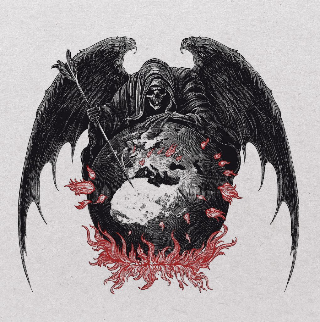 Illustration en noir, blanc et rouge représentant une figure de la mort ailée, encapuchonnée et squelettique, posant ses mains sur la Terre au-dessus d’un foyer de flammes.