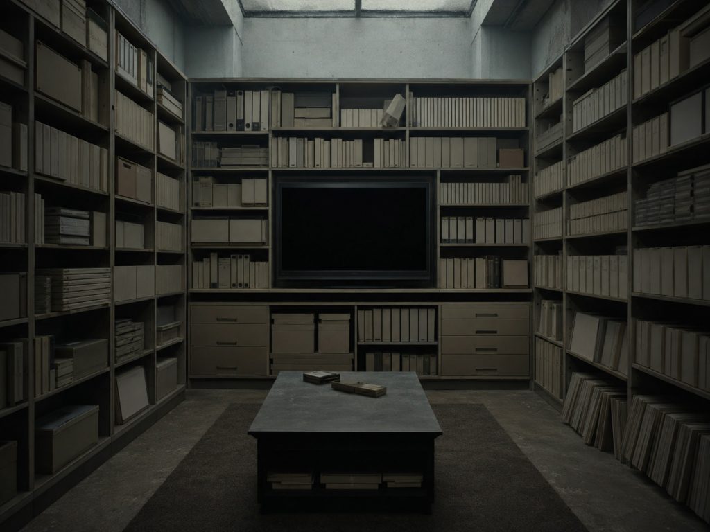 Salle d’archives sombre remplie de boîtiers, livres et supports devenus anonymes, autour d’un écran noir éteint.