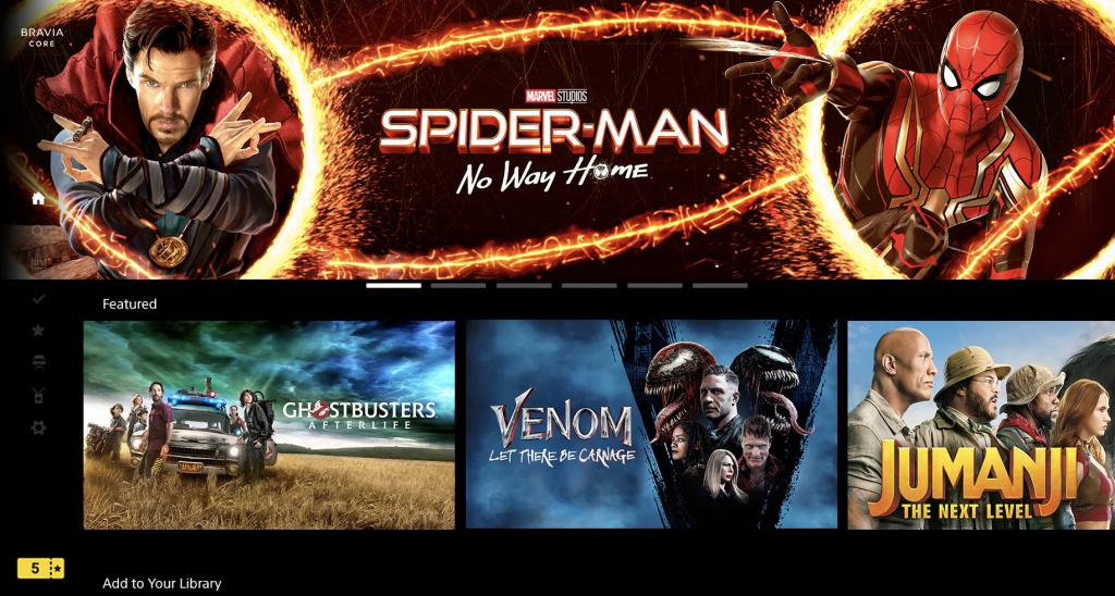 Interface Sony Pictures Core présentant une sélection de films numériques, dont Spider-Man, Ghostbusters, Venom et Jumanji.