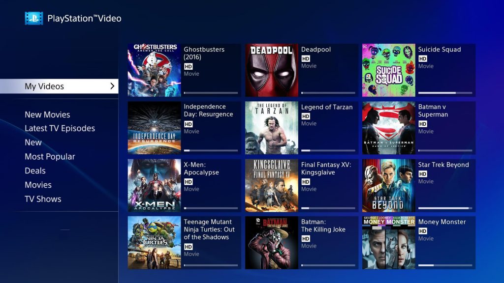 Interface de PlayStation Video affichant une bibliothèque numérique de films achetés, avec plusieurs jaquettes classées dans la rubrique « My Videos ».