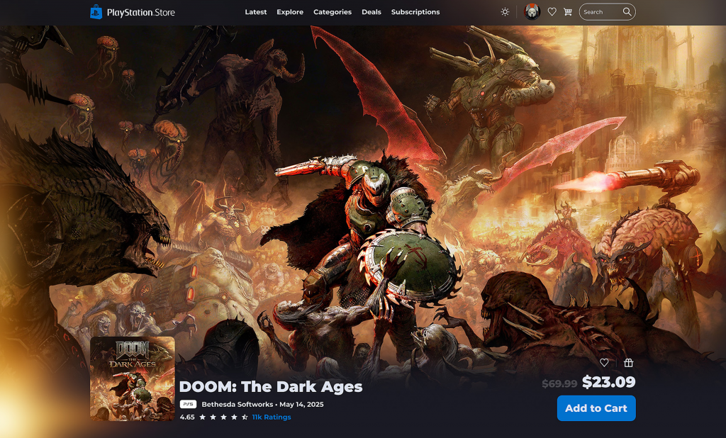 Page du PlayStation Store présentant l’achat numérique de Doom : The Dark Ages avec le bouton « Add to Cart ».