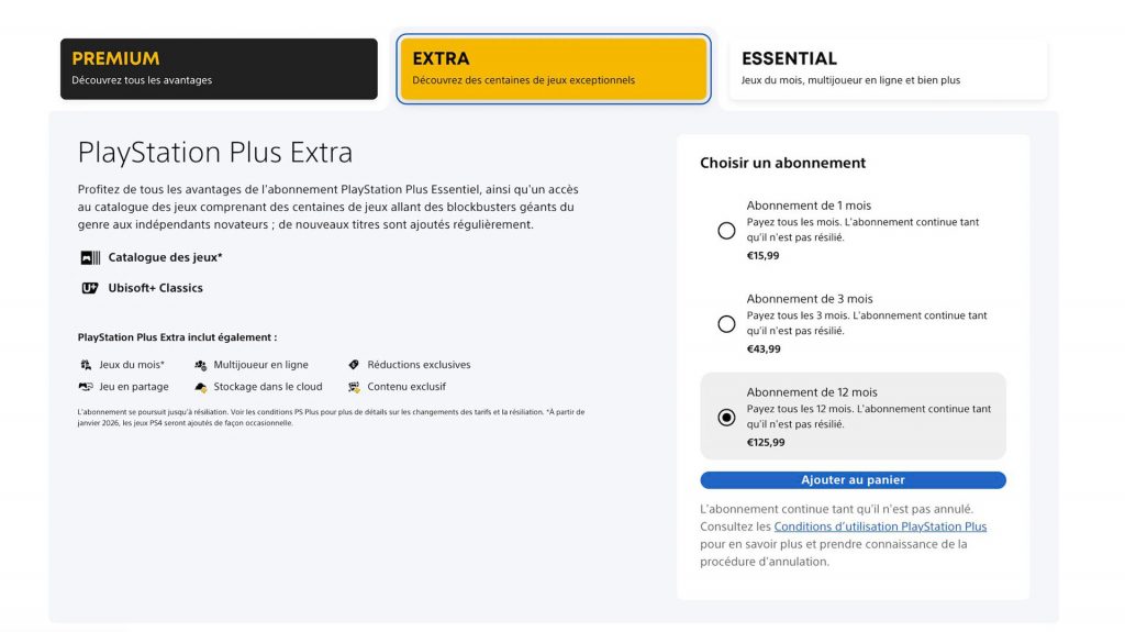 Page d’abonnement au PlayStation Plus Extra affichant les offres mensuelle, trimestrielle et annuelle, dont le tarif de 125,99 euros pour douze mois.