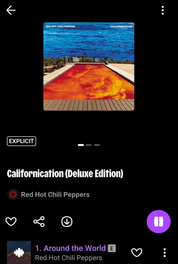 Album Californication des Red Hot Chili Peppers affiché dans une application de musique en streaming.
