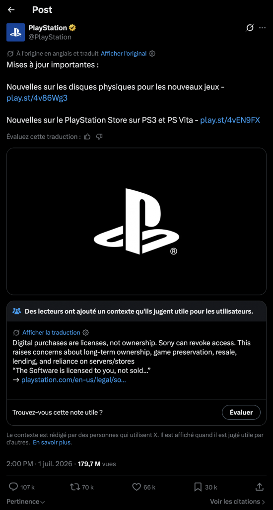 Publication officielle de PlayStation annonçant la fin des disques physiques pour les nouveaux jeux à partir de janvier 2028.